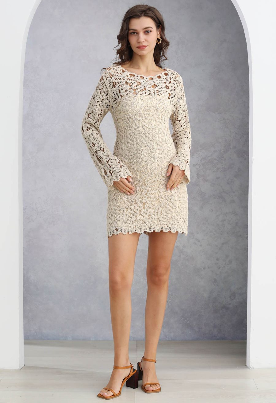 Winding Lace Crochet Scallop Edge Mini Dress