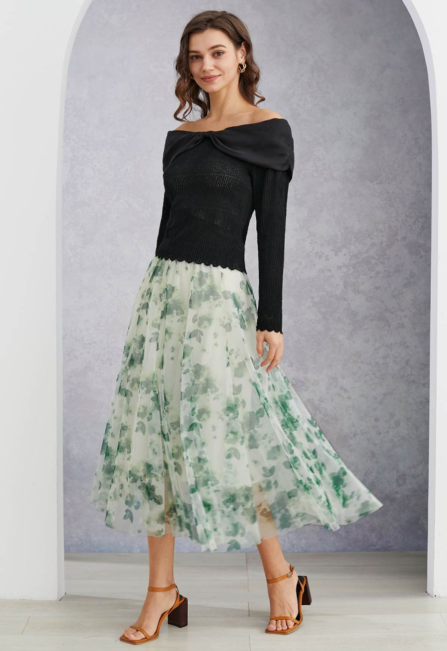 Watercolor Floral Printed Mesh Tulle Midi Skirt in Green