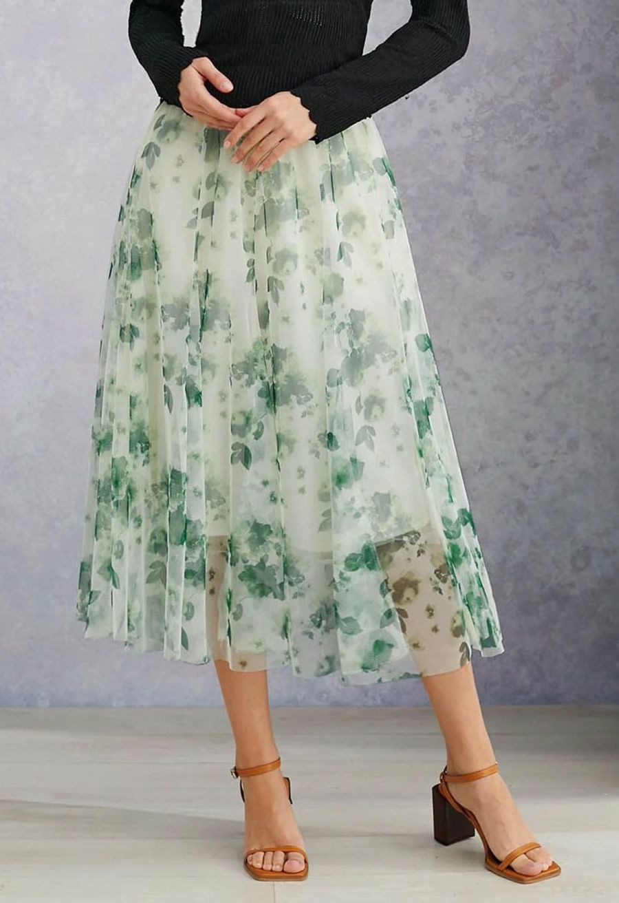 Watercolor Floral Printed Mesh Tulle Midi Skirt in Green