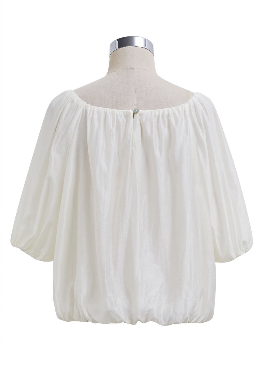 Square Neck Short Puff Sleeve Cropped Top in Ivory