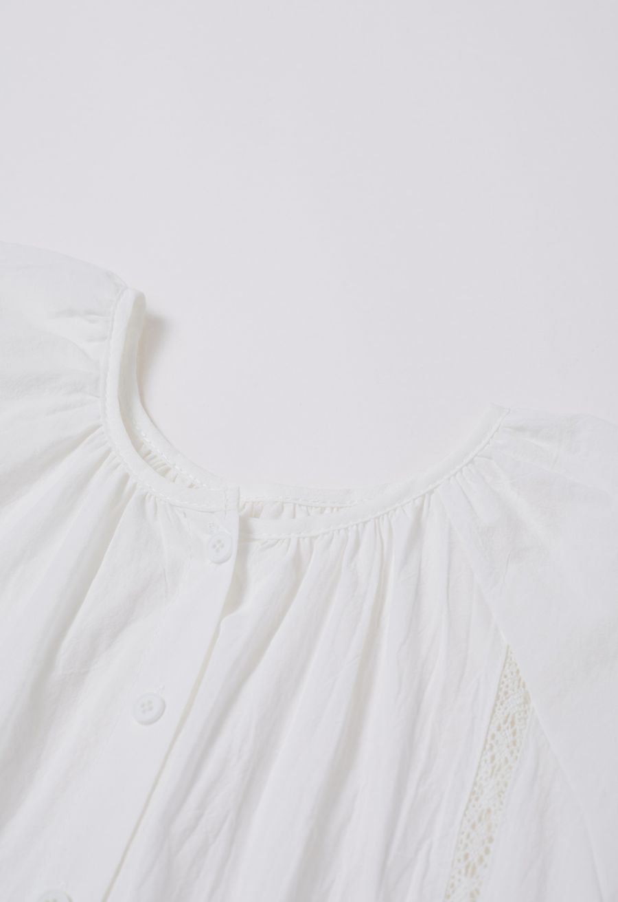 Floral Crochet Bubble Sleeve Buttoned Dolly Top