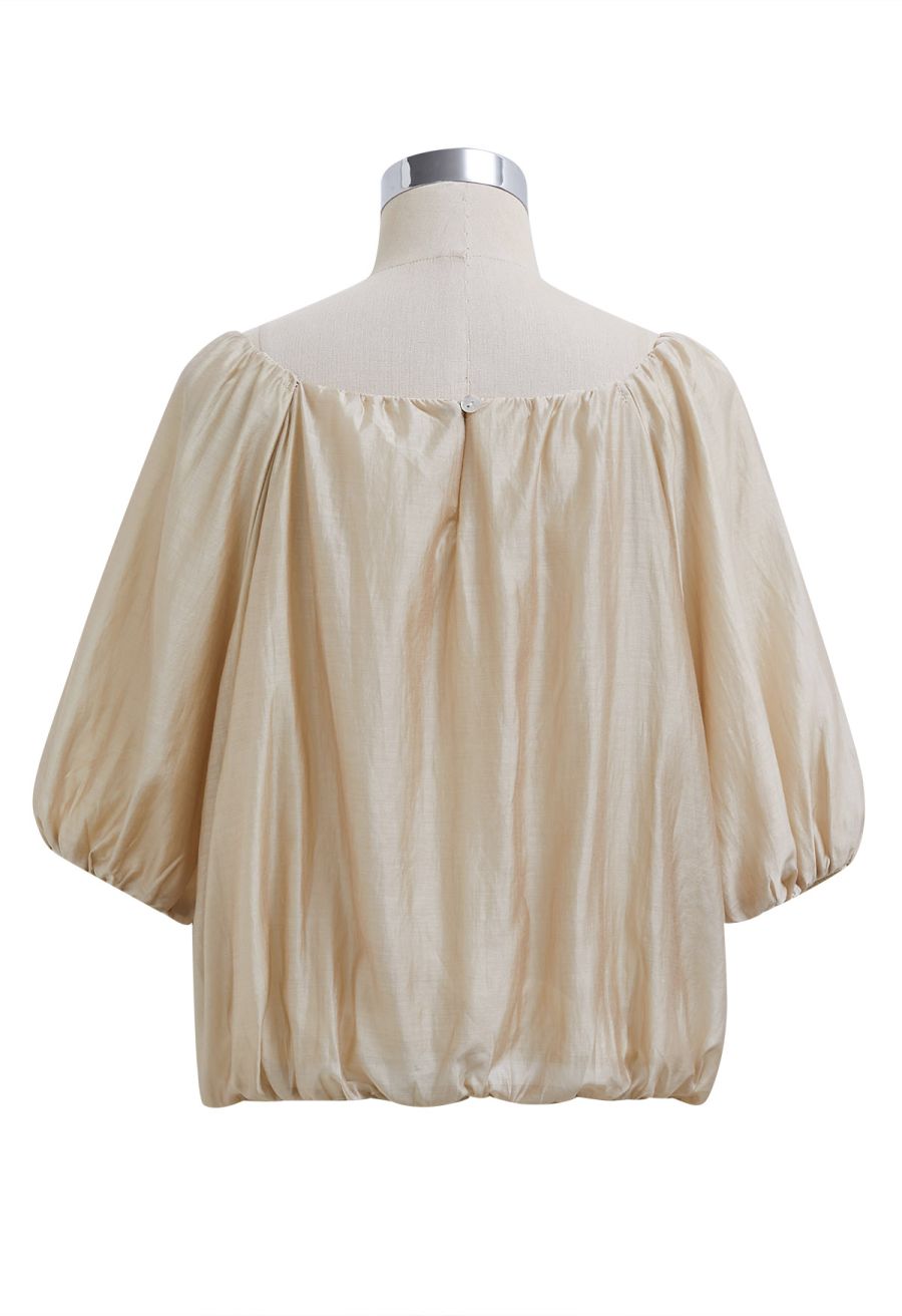 Square Neck Short Puff Sleeve Cropped Top in Champagne