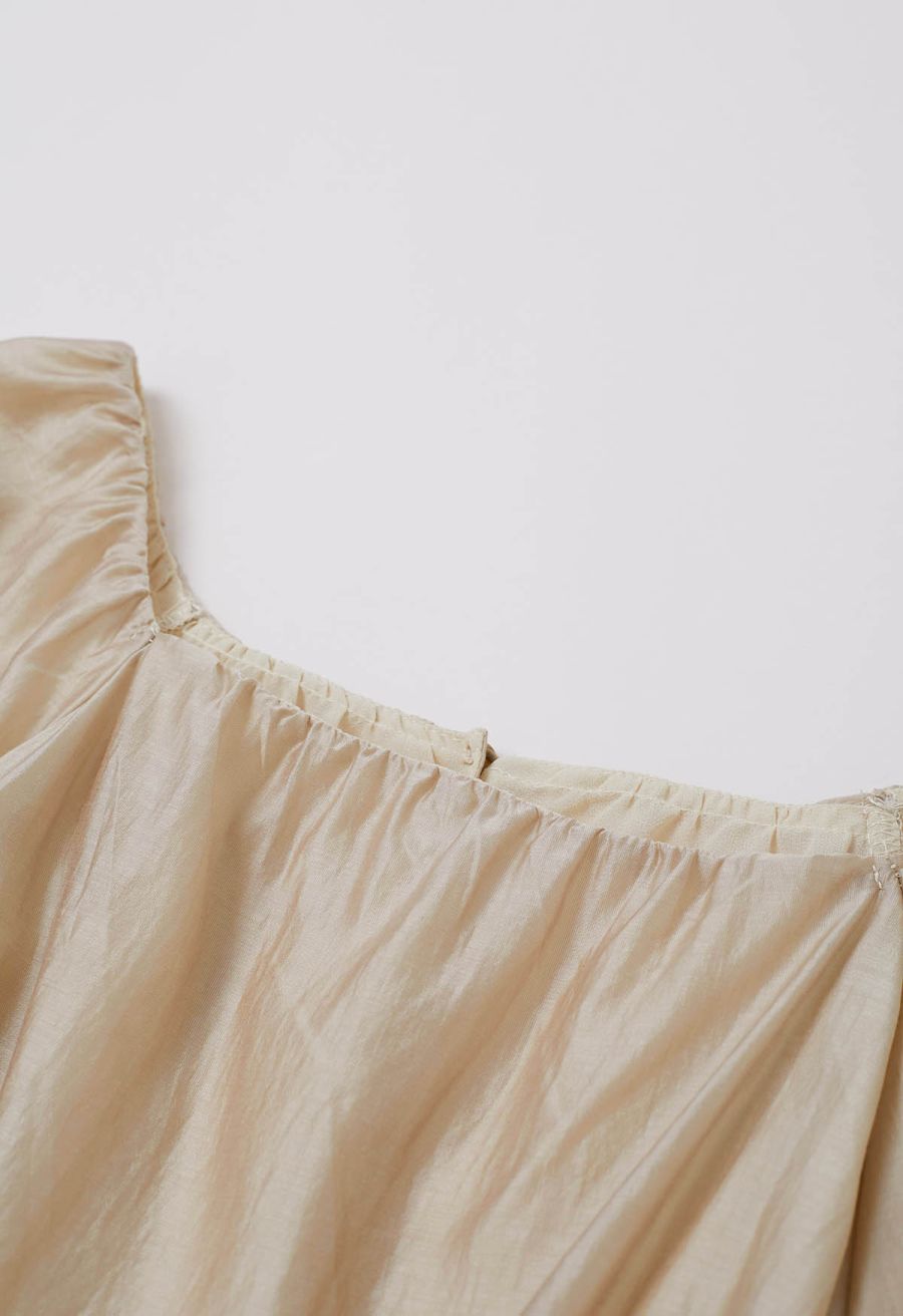Square Neck Short Puff Sleeve Cropped Top in Champagne