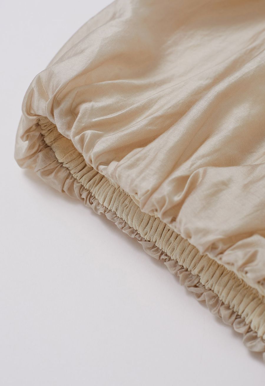 Square Neck Short Puff Sleeve Cropped Top in Champagne
