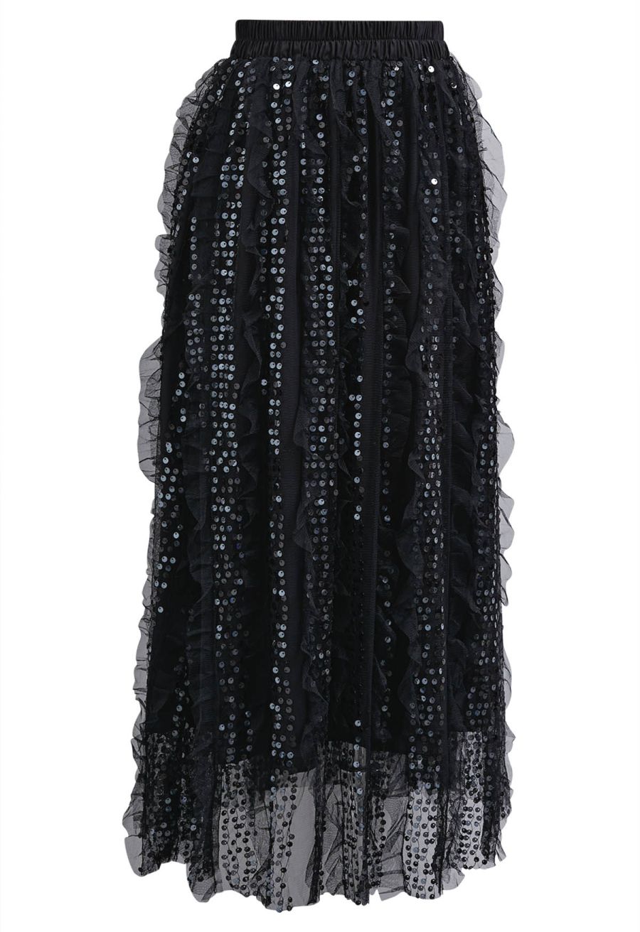 Sequin Embellished Panelled Mesh Tulle Maxi Skirt