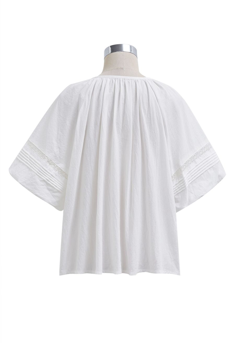 Floral Crochet Bubble Sleeve Buttoned Dolly Top