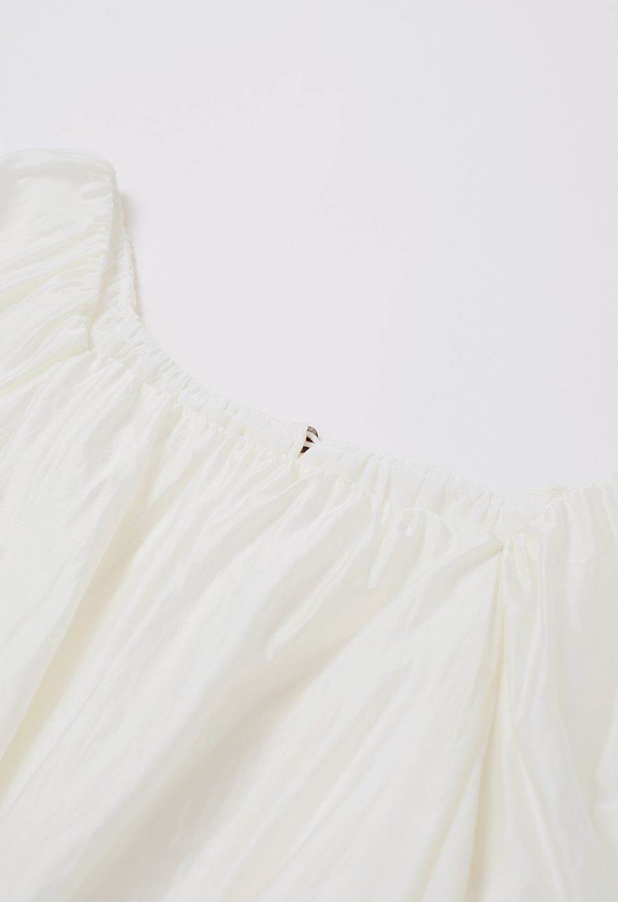 Square Neck Short Puff Sleeve Cropped Top in Ivory