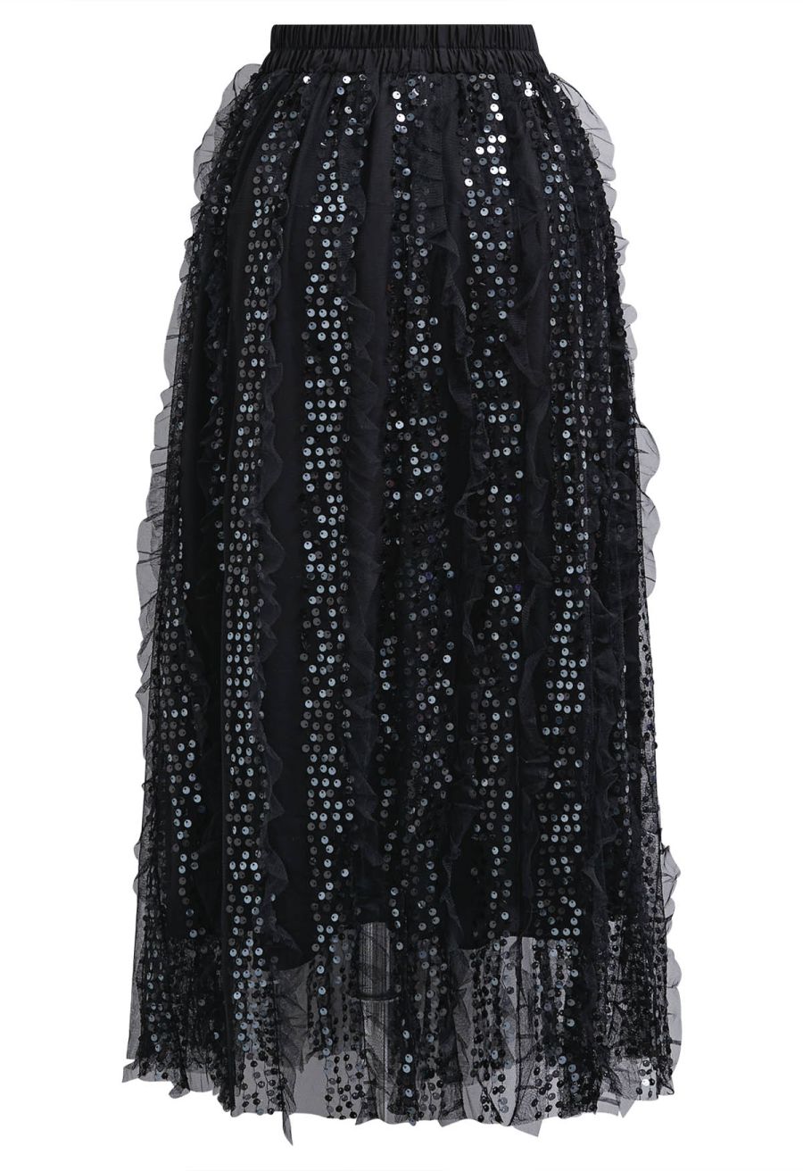Sequin Embellished Panelled Mesh Tulle Maxi Skirt