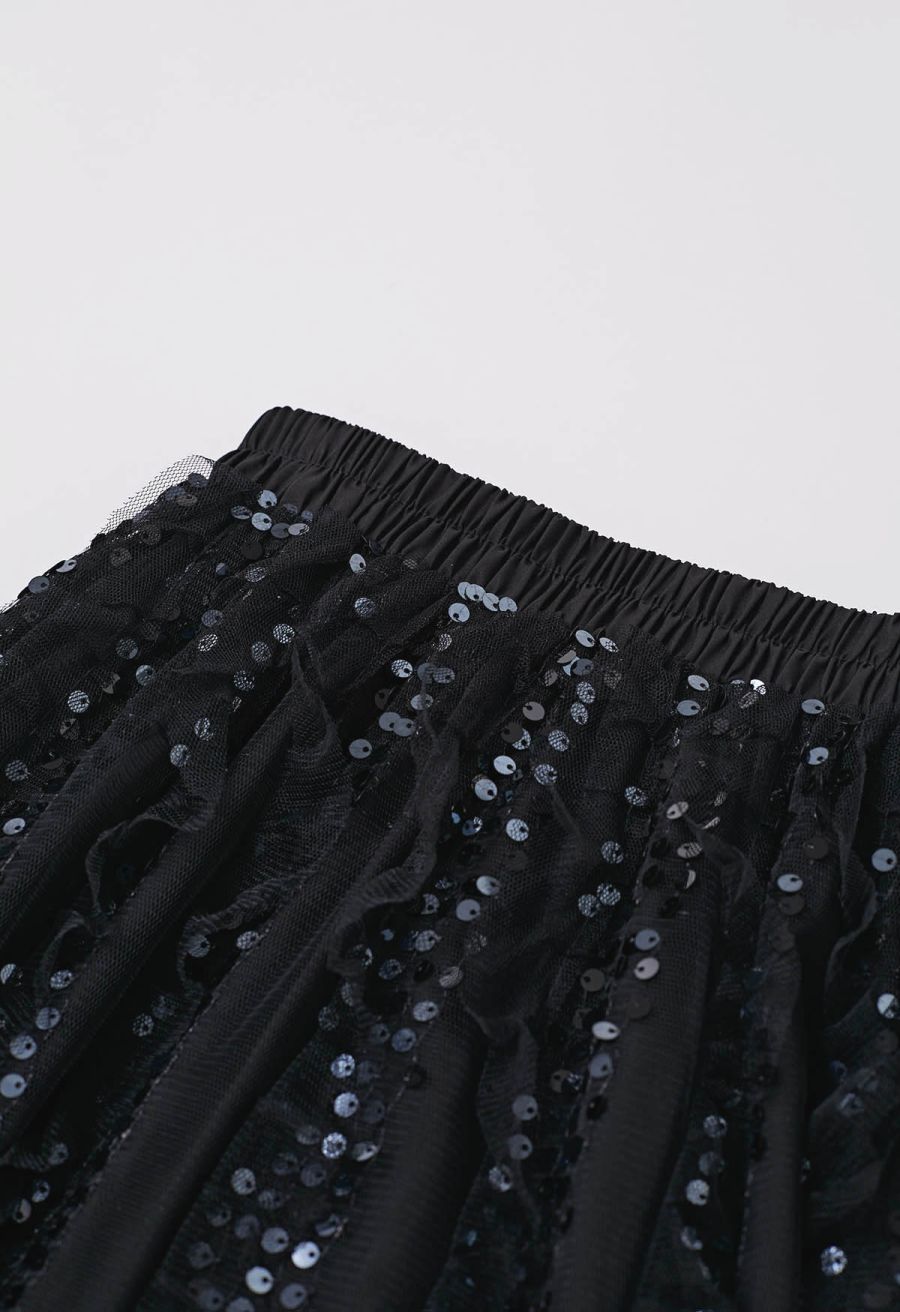 Sequin Embellished Panelled Mesh Tulle Maxi Skirt