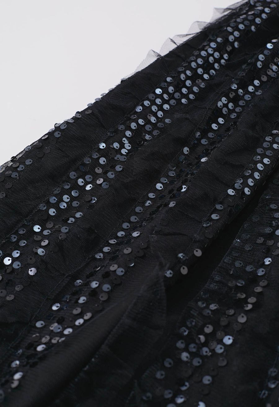 Sequin Embellished Panelled Mesh Tulle Maxi Skirt