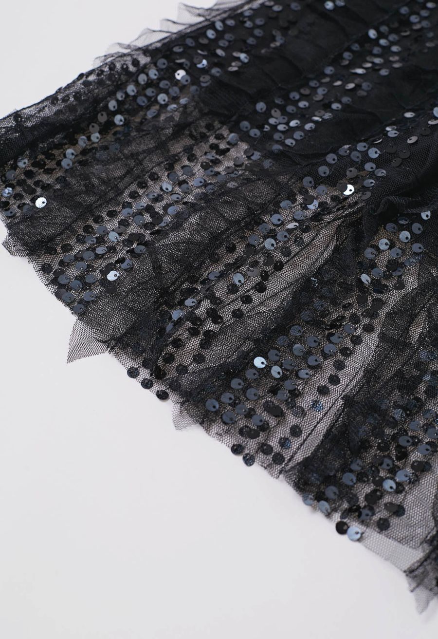 Sequin Embellished Panelled Mesh Tulle Maxi Skirt