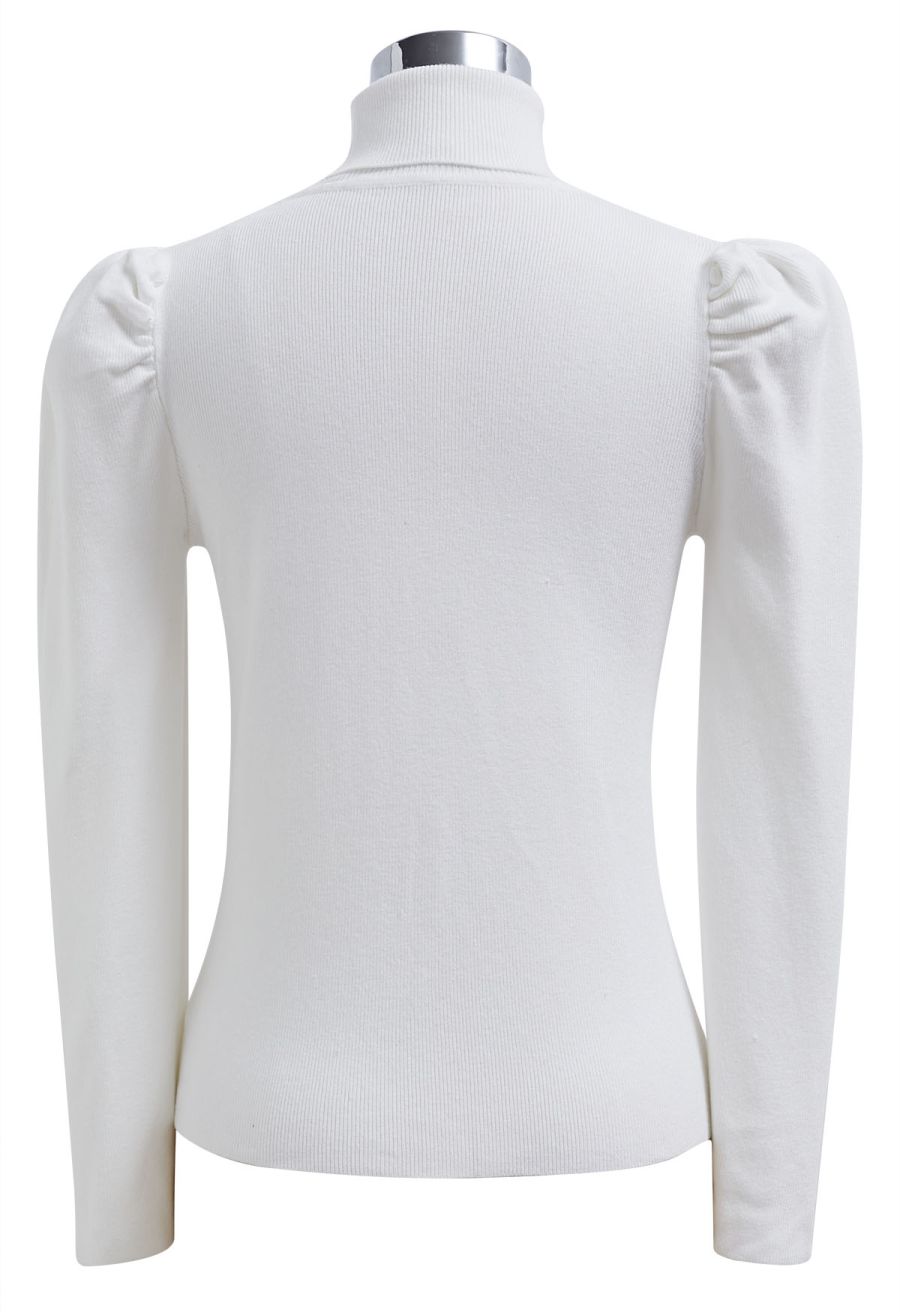 Turtleneck Gigot Sleeve Knit Top in White