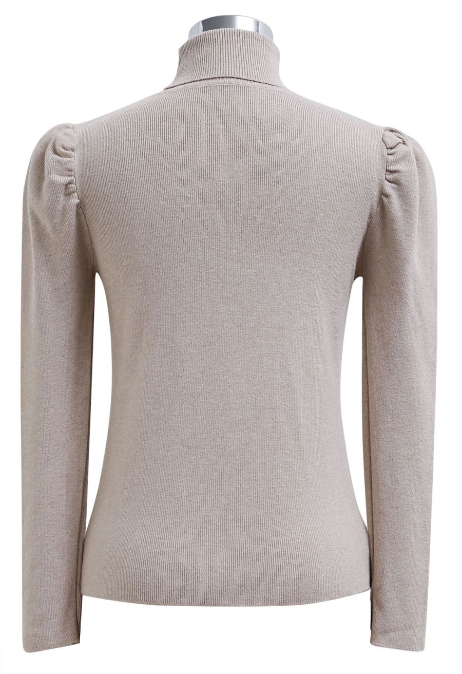 Turtleneck Gigot Sleeve Knit Top in Taupe