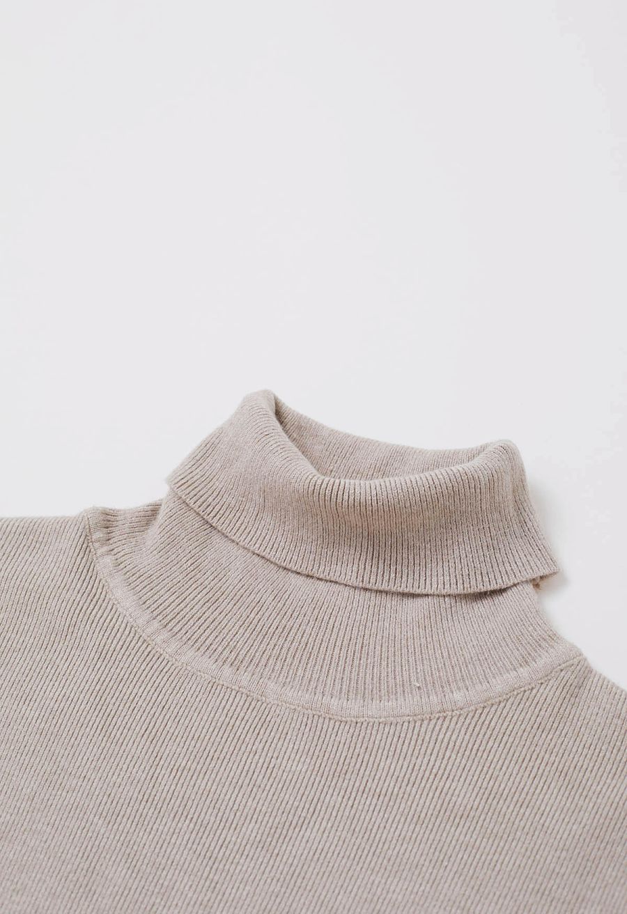 Turtleneck Gigot Sleeve Knit Top in Taupe