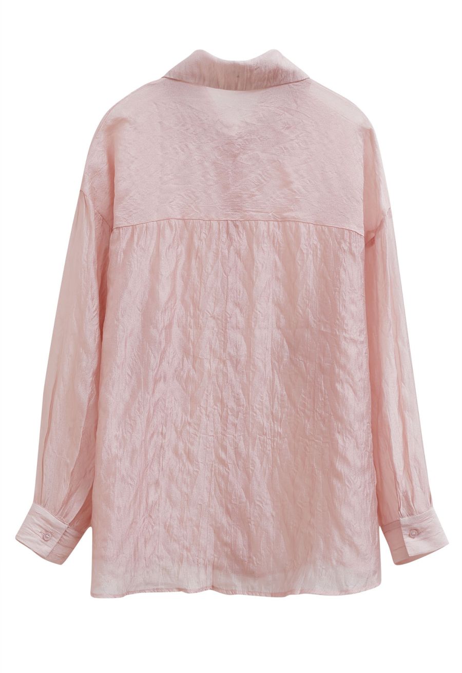 Textured Pink Sheer Buttoned Oversized Shirt