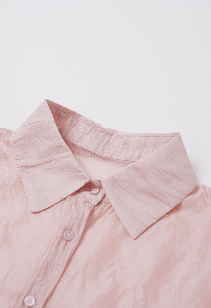 Textured Pink Sheer Buttoned Oversized Shirt