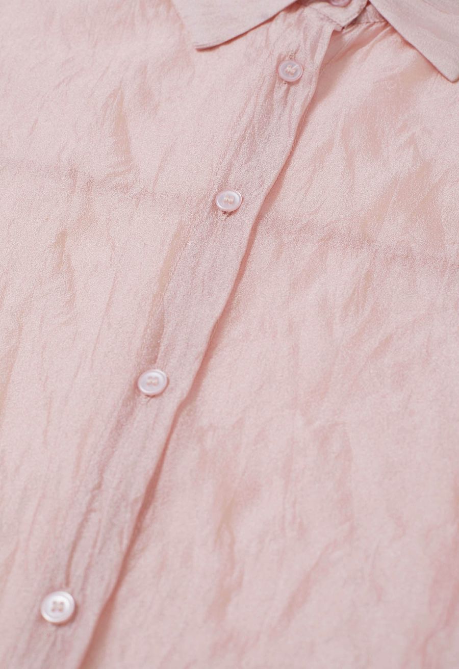 Textured Pink Sheer Buttoned Oversized Shirt