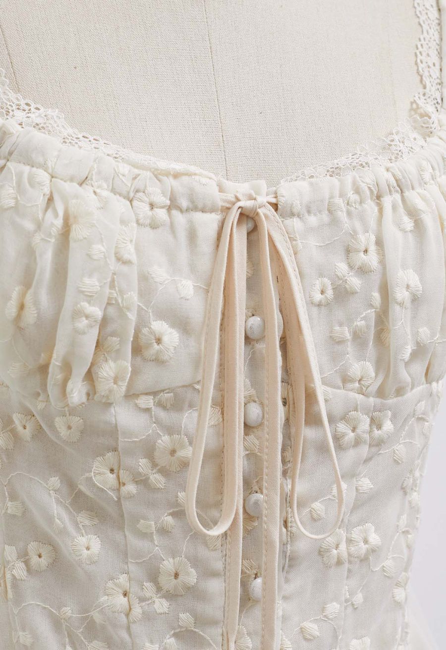 Floret Embroidered Drawstring Crop Buttoned Top
