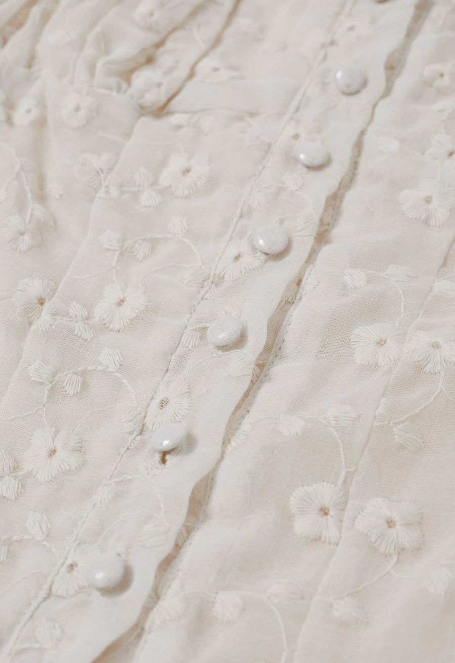 Floret Embroidered Drawstring Crop Buttoned Top