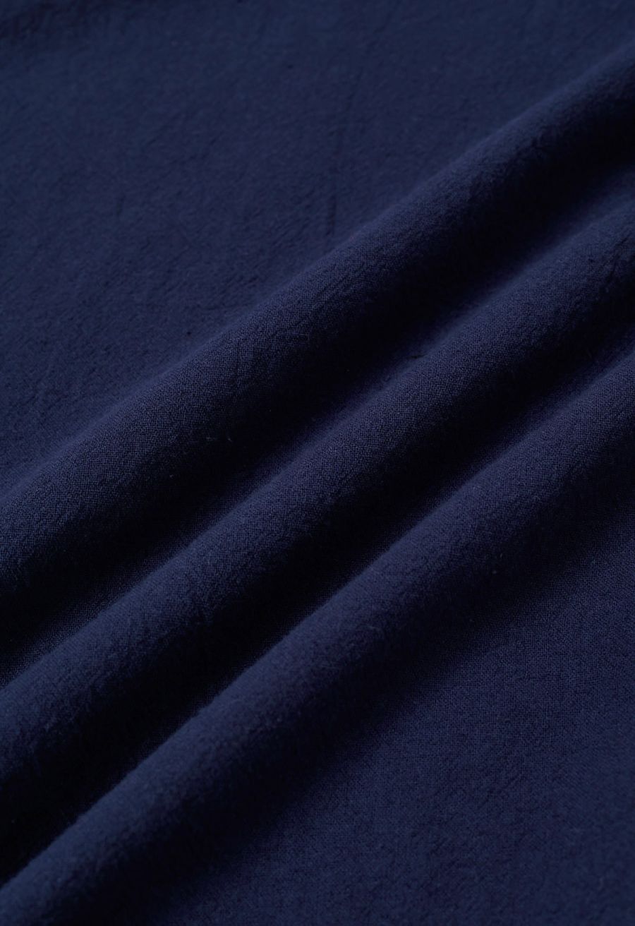 Crochet Stripe Collared Tie-Sash Buttoned Maxi Dress in Navy