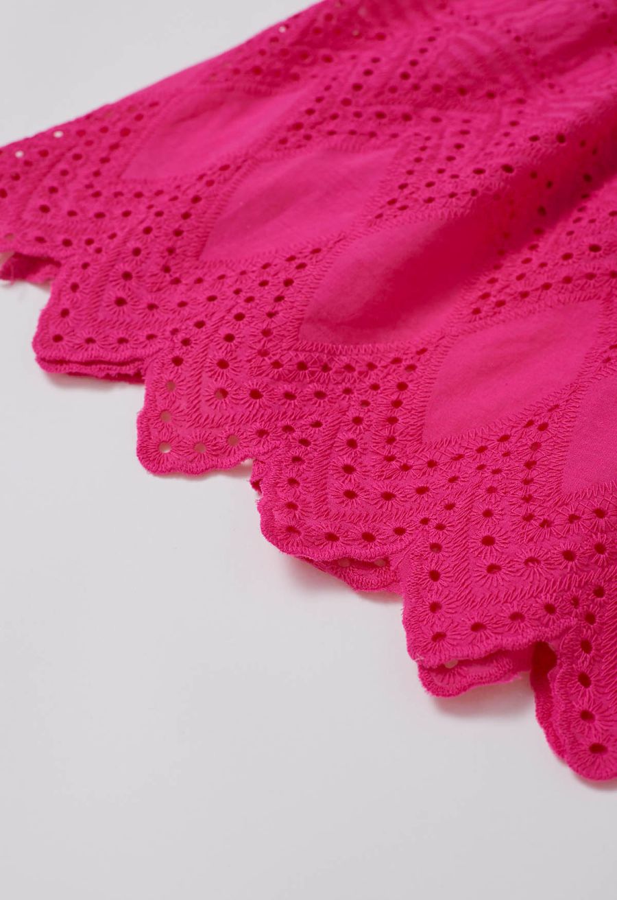 Collared Eyelet Embroidery Buttoned Midi Dress in Hot Pink