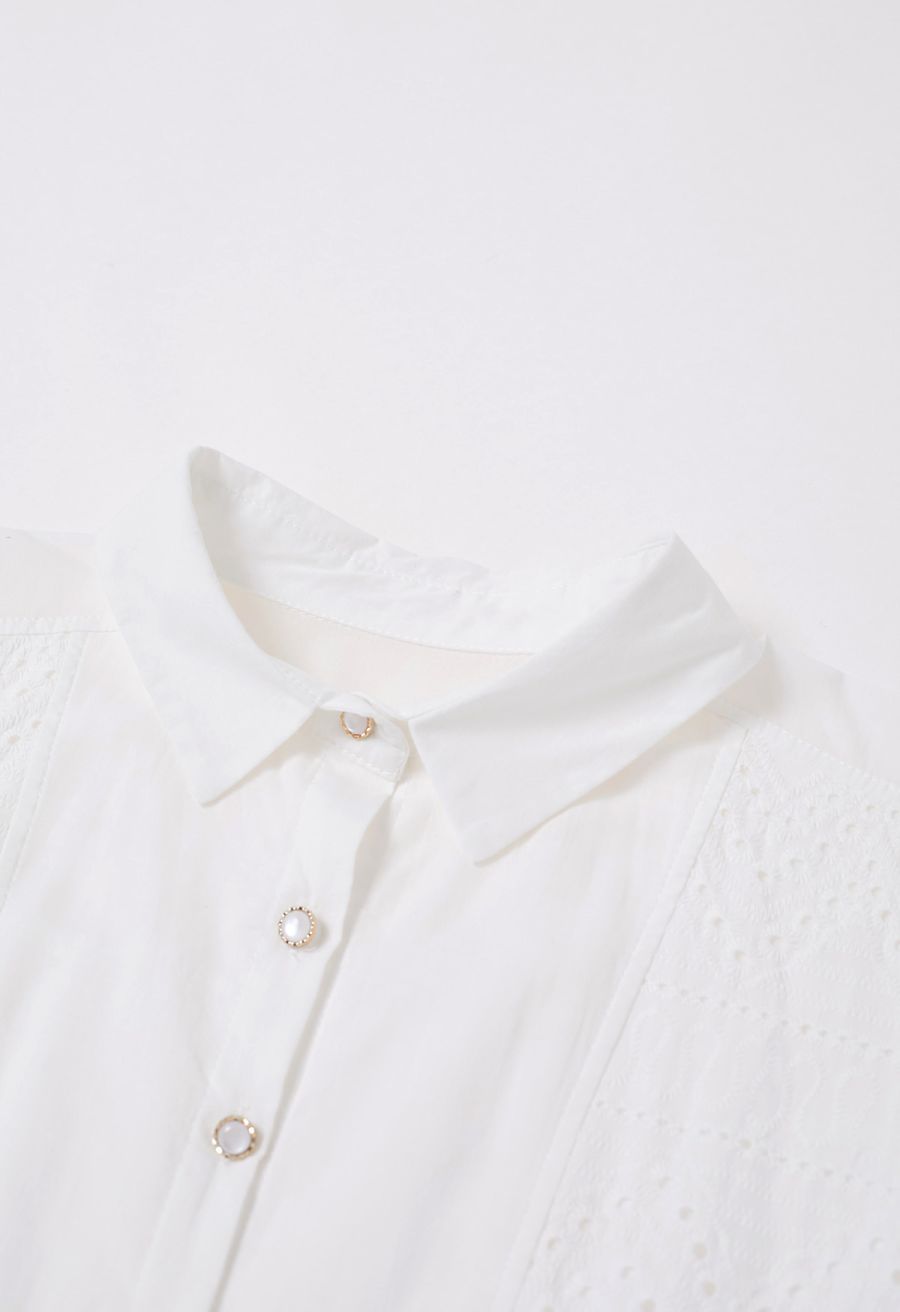 Collared Eyelet Embroidery Buttoned Midi Dress in White