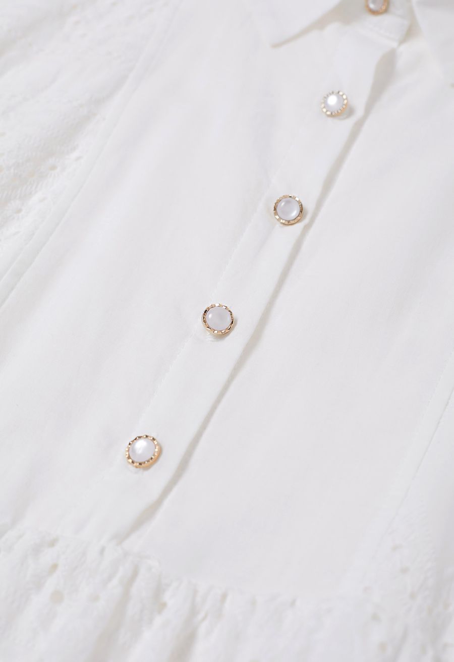 Collared Eyelet Embroidery Buttoned Midi Dress in White