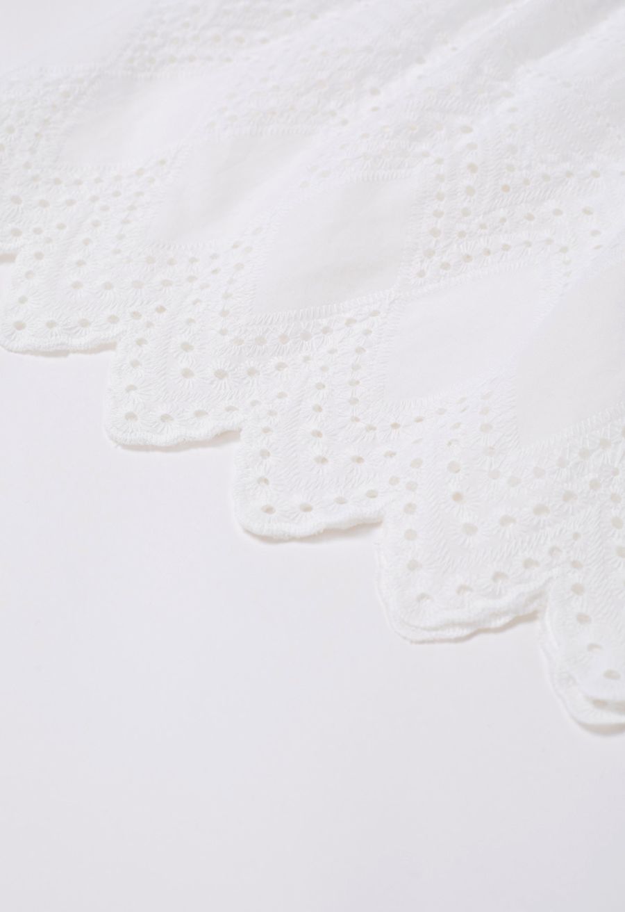 Collared Eyelet Embroidery Buttoned Midi Dress in White