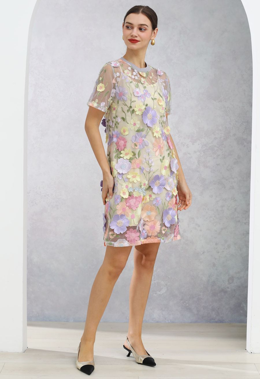 3D Floral Applique Sheer Mesh Cover-Up Dress in Lavender