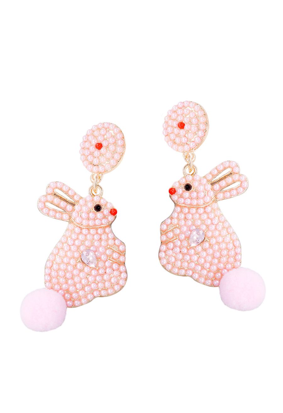 Adorable Pearl Rabbit Pom-Pom Earrings in Pink