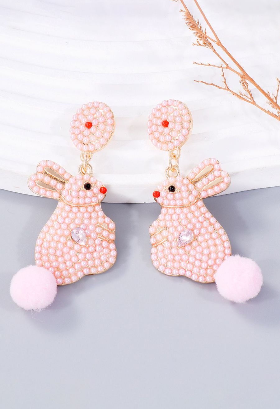 Adorable Pearl Rabbit Pom-Pom Earrings in Pink