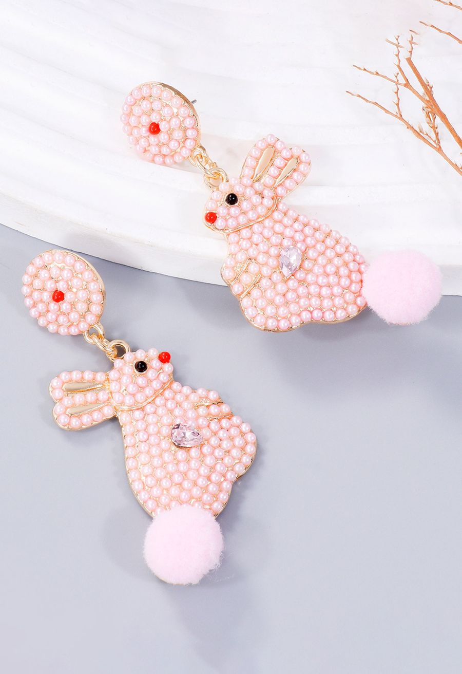 Adorable Pearl Rabbit Pom-Pom Earrings in Pink