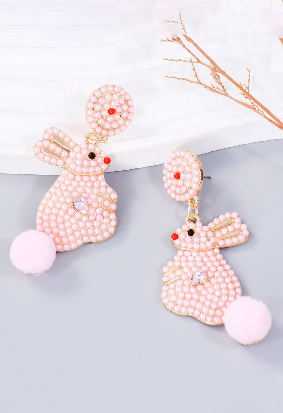 Adorable Pearl Rabbit Pom-Pom Earrings in Pink