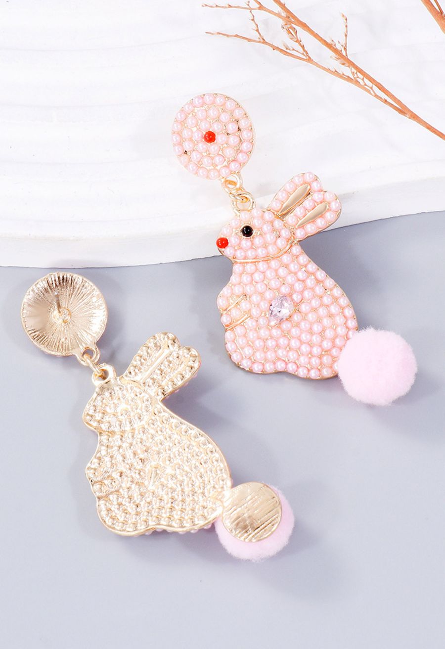 Adorable Pearl Rabbit Pom-Pom Earrings in Pink