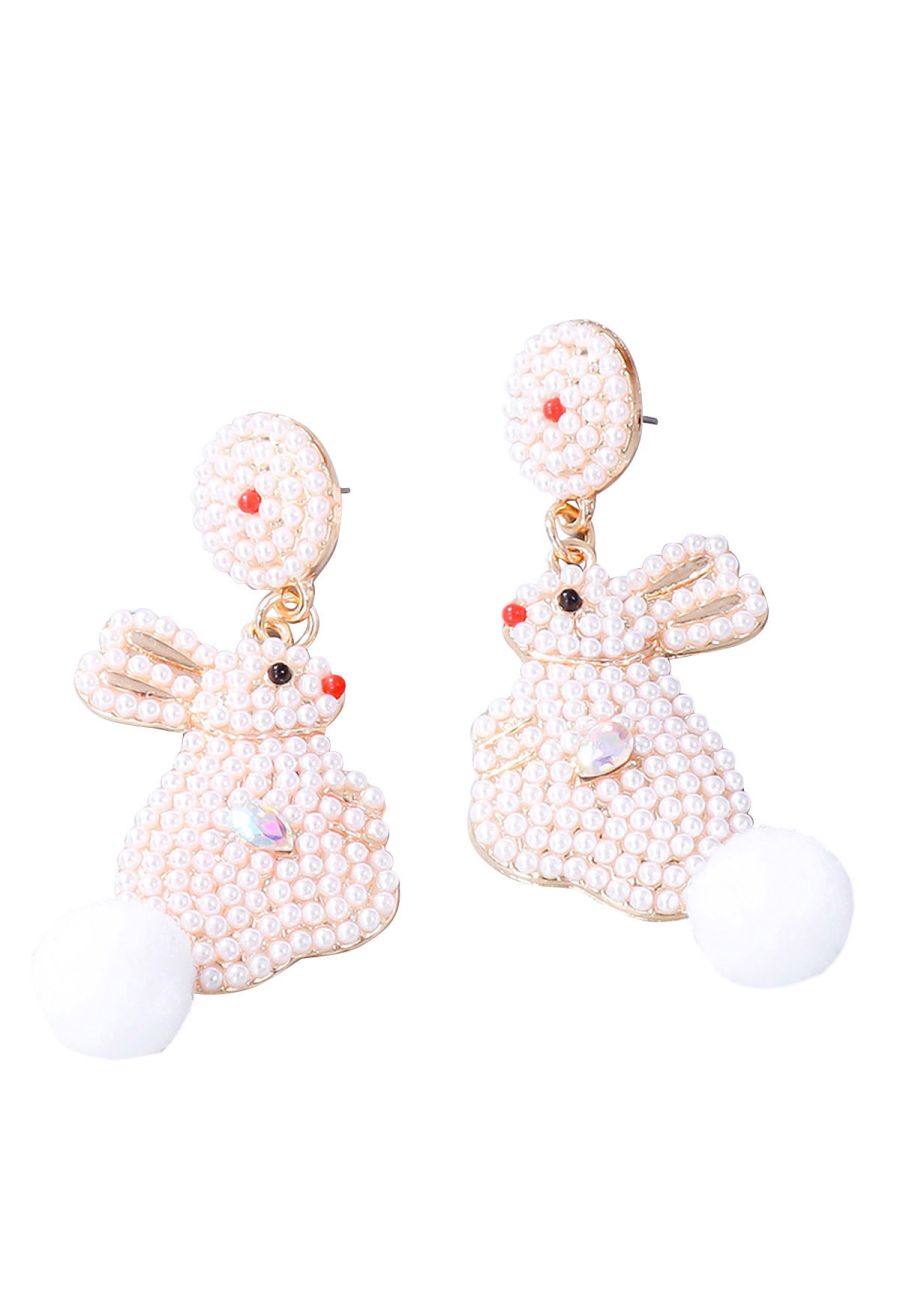 Adorable Pearl Rabbit Pom-Pom Earrings in White
