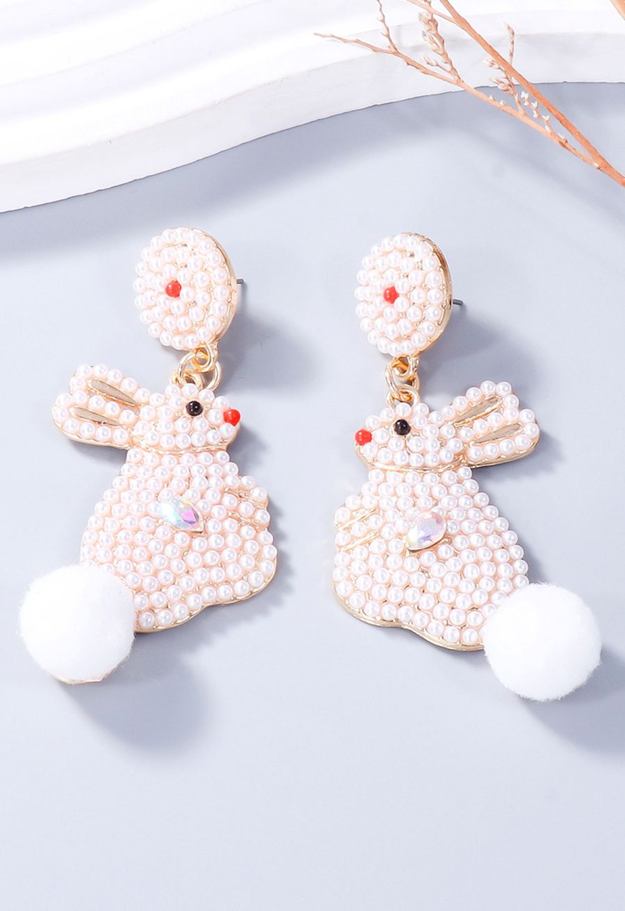 Adorable Pearl Rabbit Pom-Pom Earrings in White
