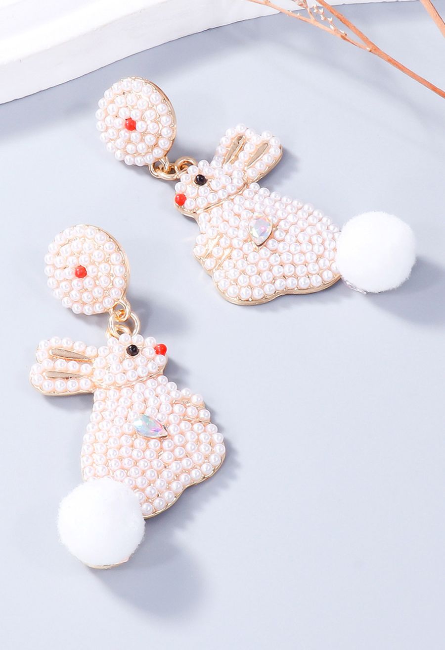 Adorable Pearl Rabbit Pom-Pom Earrings in White