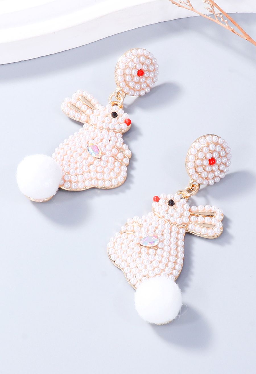 Adorable Pearl Rabbit Pom-Pom Earrings in White