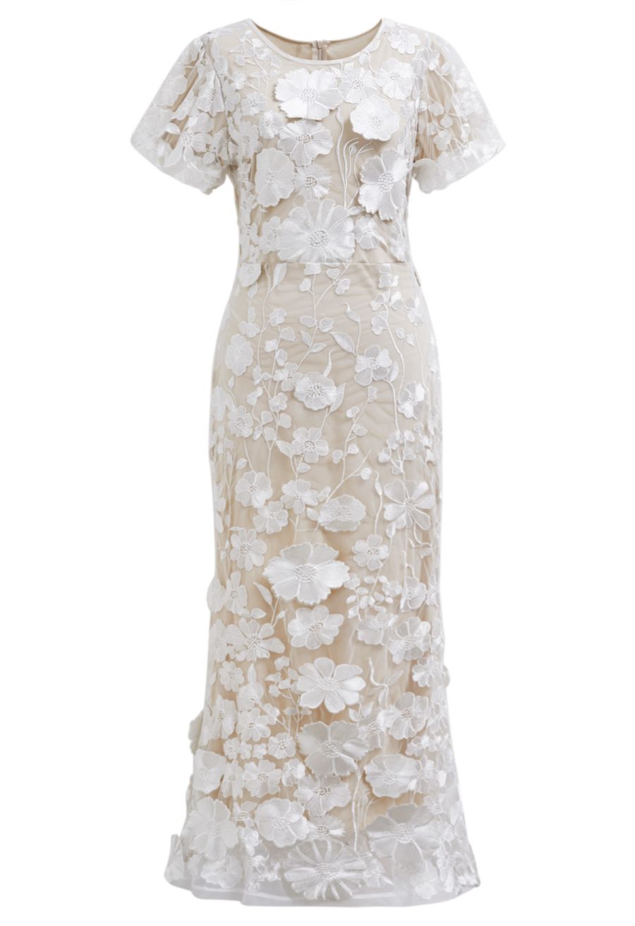 3D Floral Applique Mesh Tulle Mermaid Maxi Dress in White