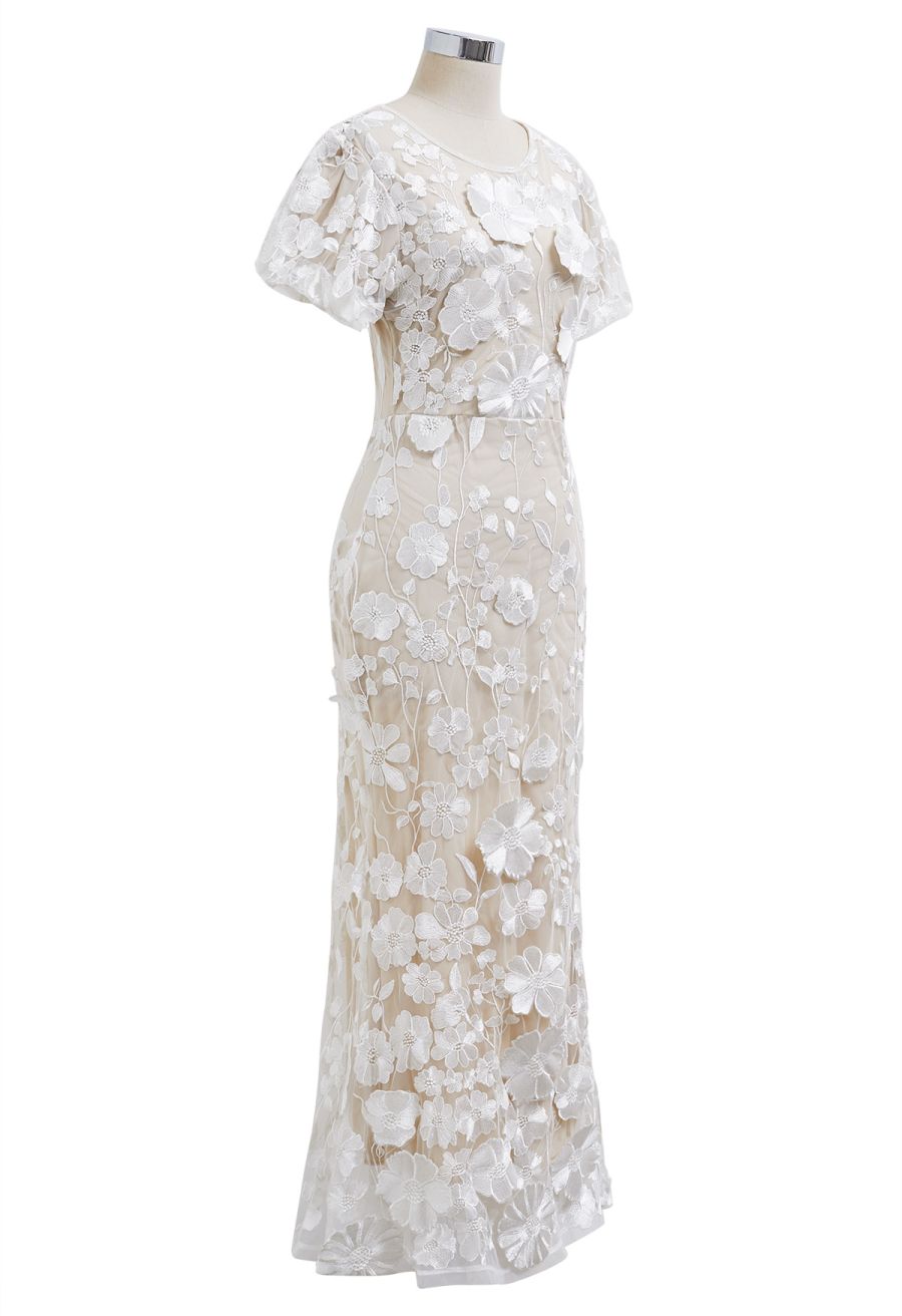 3D Floral Applique Mesh Tulle Mermaid Maxi Dress in White