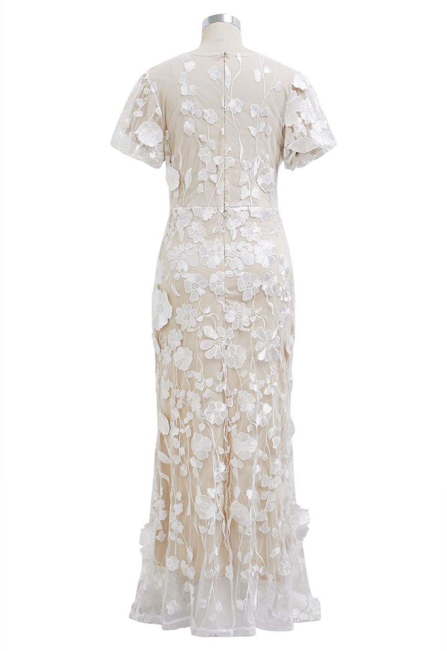 3D Floral Applique Mesh Tulle Mermaid Maxi Dress in White