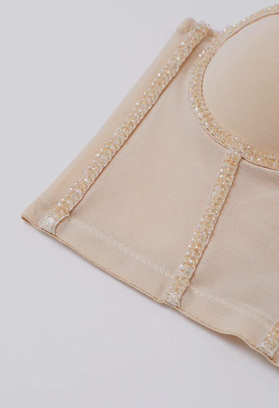 Crystal Embellished Bustier Mesh Crop Top in Apricot
