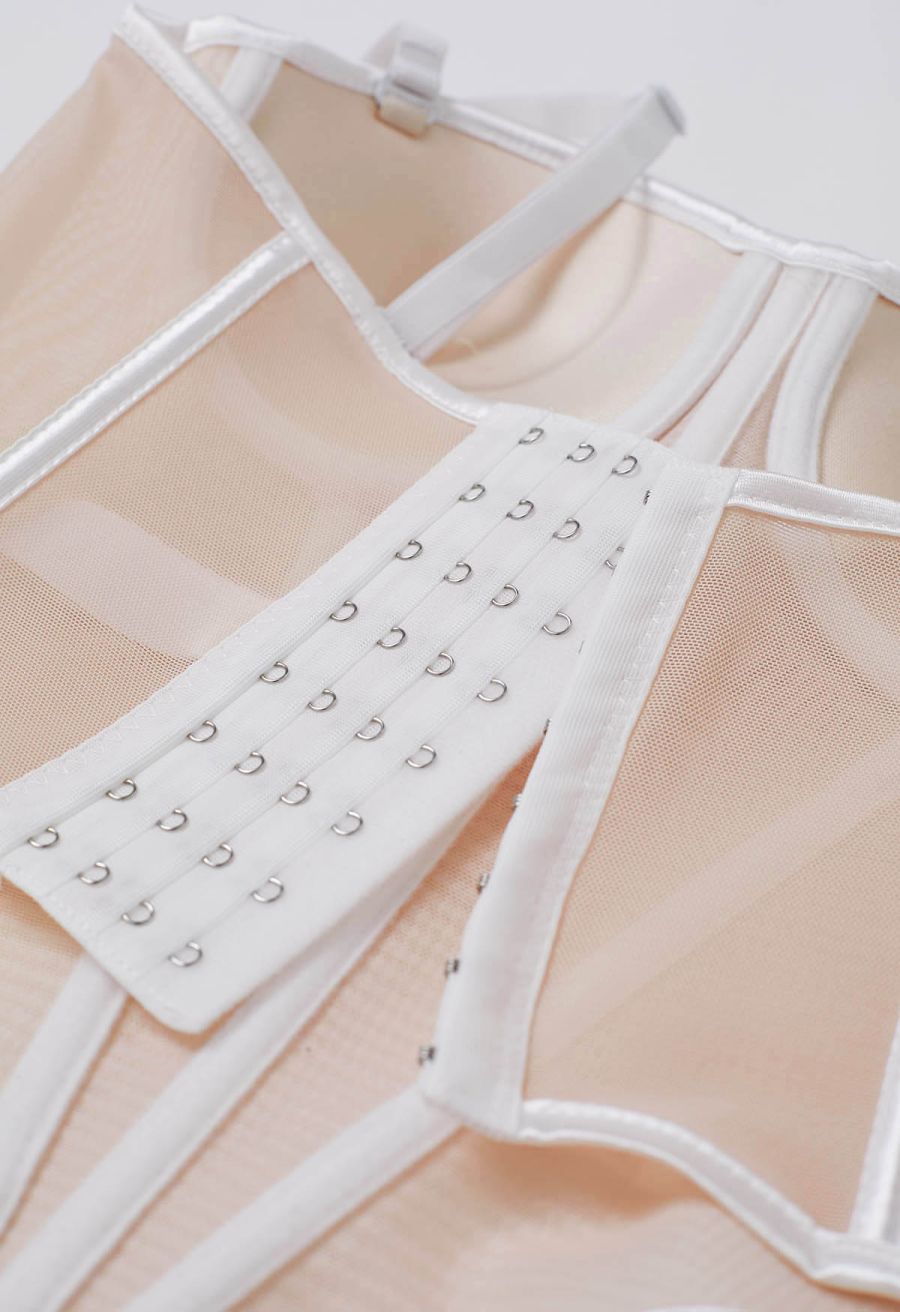 Contrast Binding Bustier Mesh Crop Top in Nude Pink