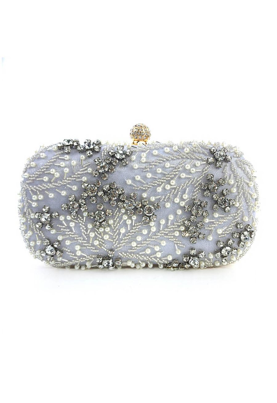 Rhinestone Beaded Vine Embroidered Clutch in Dusty Blue