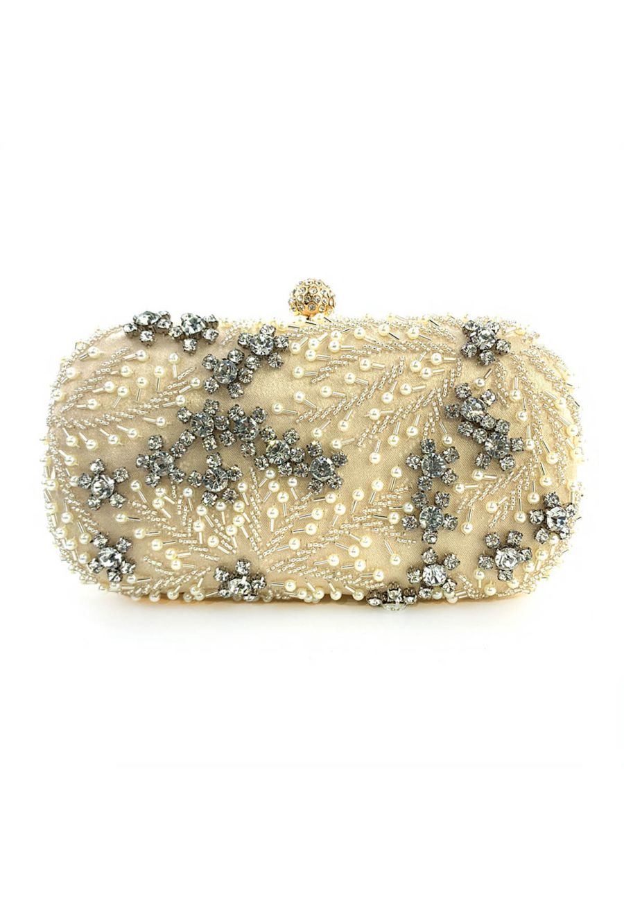 Rhinestone Beaded Vine Embroidered Clutch in Champagne