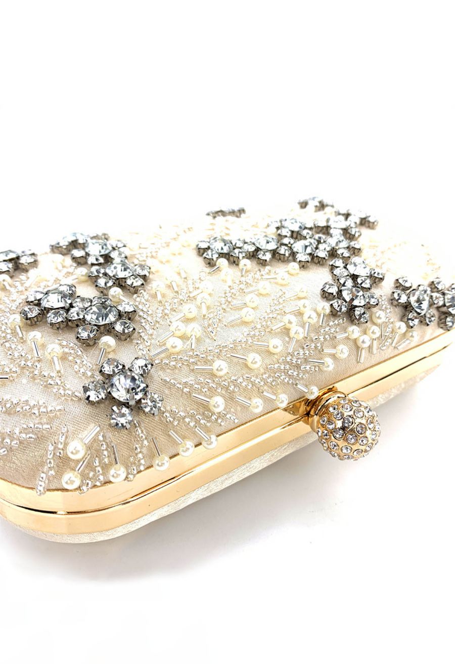 Rhinestone Beaded Vine Embroidered Clutch in Champagne