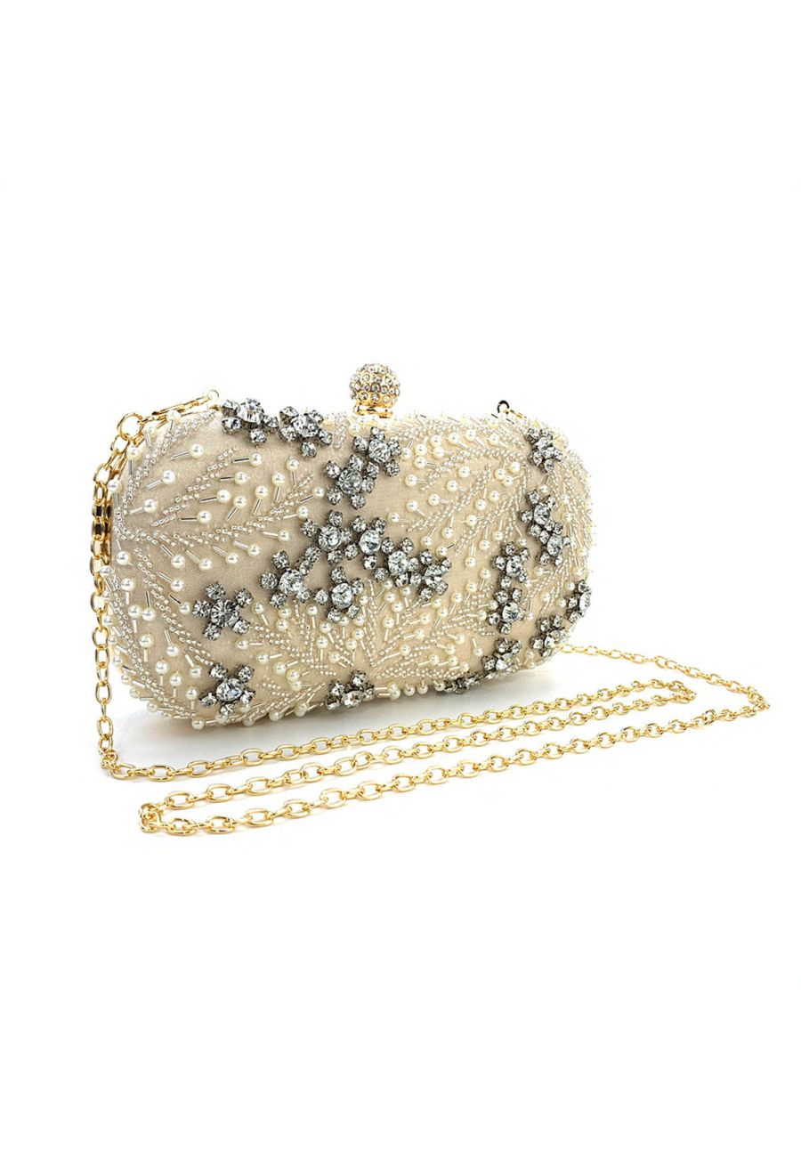 Rhinestone Beaded Vine Embroidered Clutch in Champagne