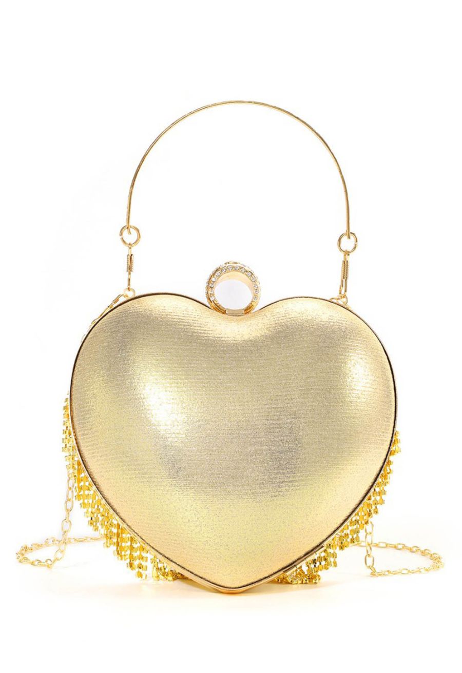 Elegance Pearl Tassel Heart Shape Clutch in Gold