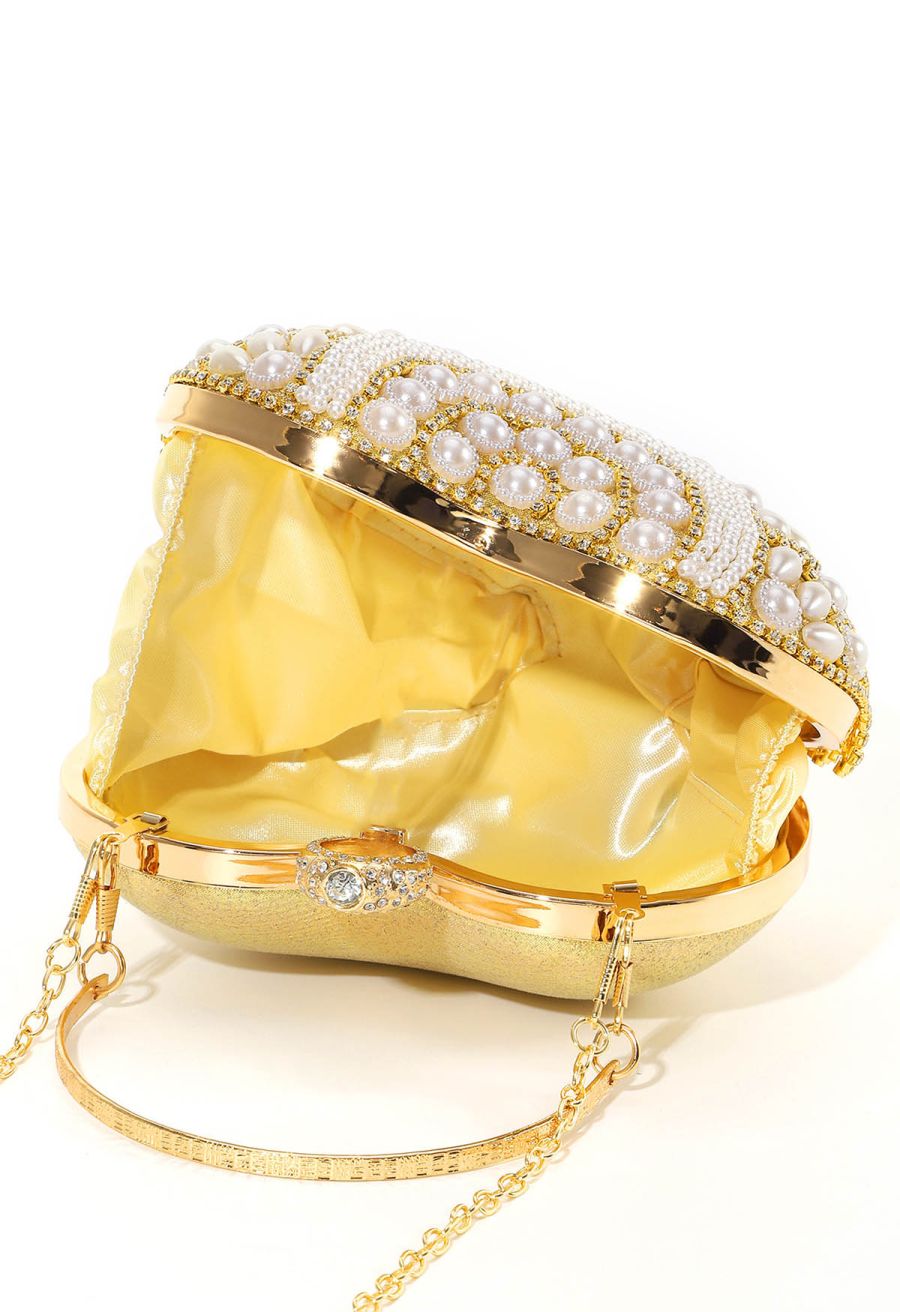 Elegance Pearl Tassel Heart Shape Clutch in Gold