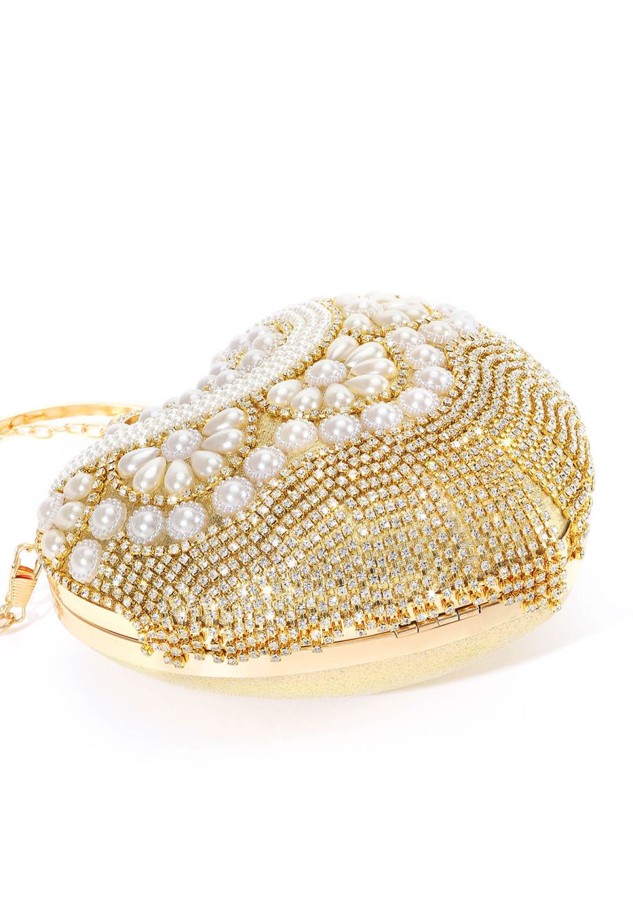 Elegance Pearl Tassel Heart Shape Clutch in Gold